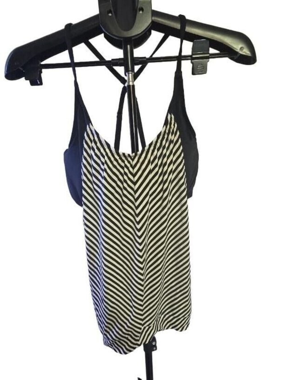 Athleta Black White Striped Built-In Bra Tank Top Swimsuit Tankini 38 D/DD